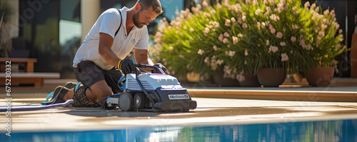Swimming pool cleaner or maintenance service. photo