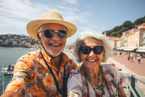 A beautiful happy elderly couple takes a selfie on a trip. In the concept of retirement travel in Europe. © Nadezda Ledyaeva