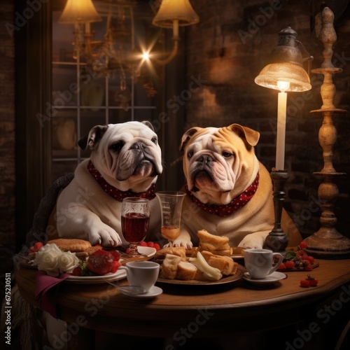 loving couple of dogs enjoying romantic dinner in restaurant © DyrElena