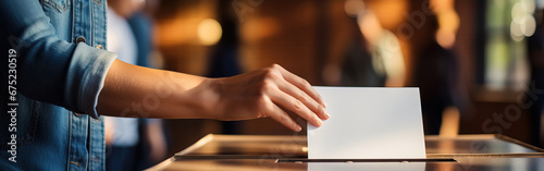 Hand of a woman voting at a ballot box during elections photo
