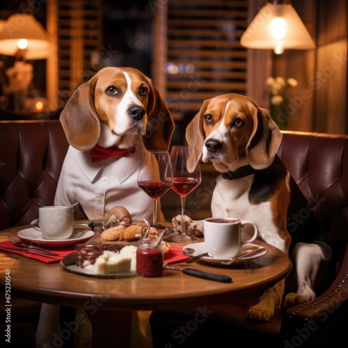 loving couple of dogs enjoying romantic dinner in restaurant