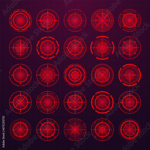 Crosshair, gun sight vector icons. Bullseye, black target or aim symbol. Military rifle scope, shooting mark sign. Targeting, aiming for a shot. Archery, hunting and sports shooting. Game UI element.