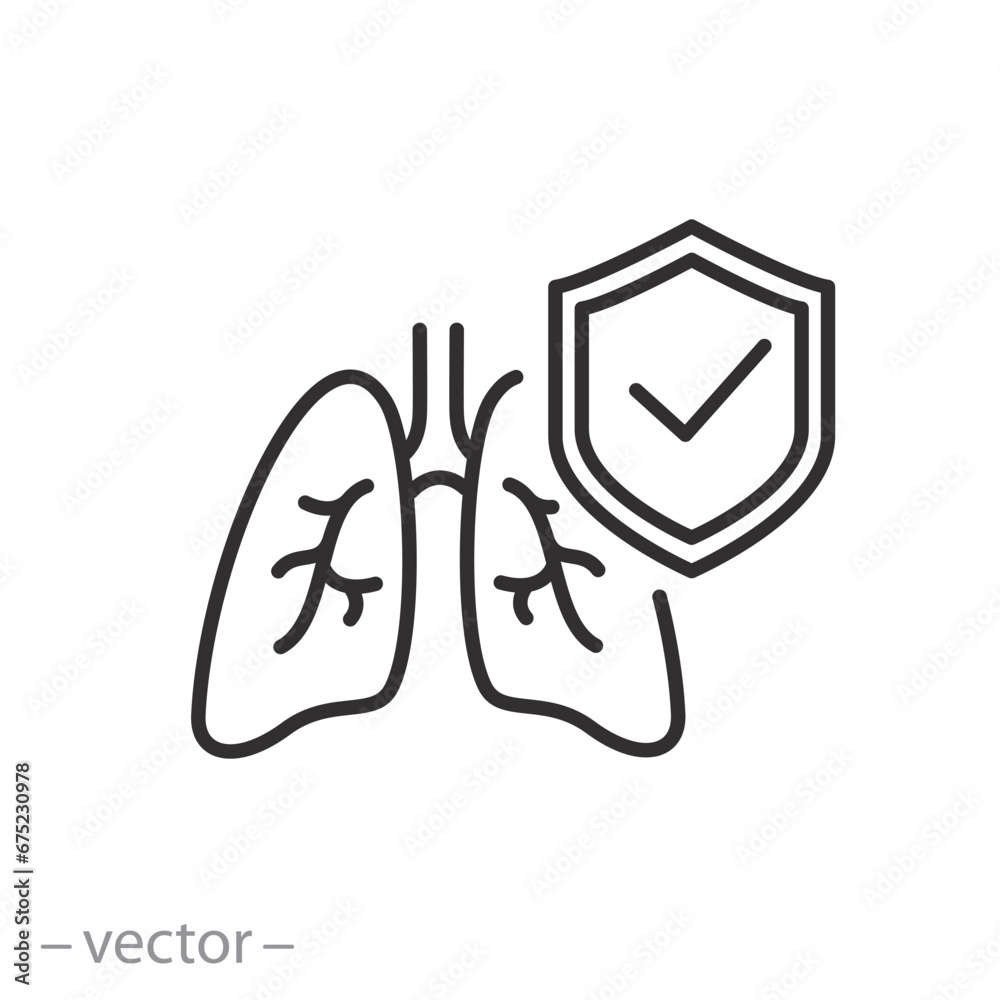lungs protect icon, human lungs with shield, protective or care for respiratory organs, thin line symbol - vector illustration - obrazy, fototapety, plakaty 