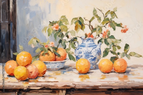 Oil Painting Bowl of Fruit on Table Artwork Featuring Grapes, Oranges, Apples, Peaches, Flowers, Leaves in Post Impressionist Style With Soft Brushstrokes Style Illustration Classic photo