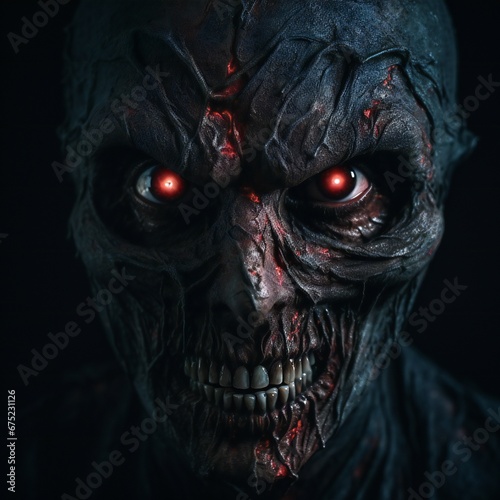 Scary death face staring at you with red eyes from dark space Generative AI 