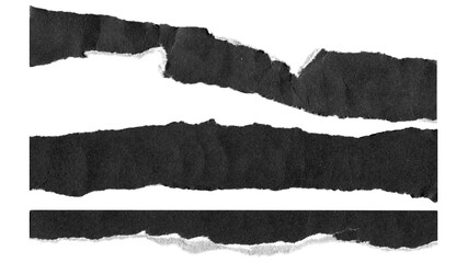 torn and ripped paper lines stripes with jagged edges from black paper in Y2K retro style, png isolated cardboard pieces on transparent background