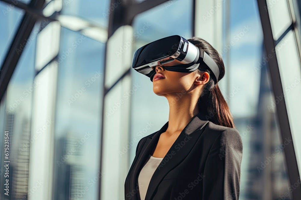 Business woman wearing a VR headset. Surreal world and virtual reality. Working in a modern office by Generative AI