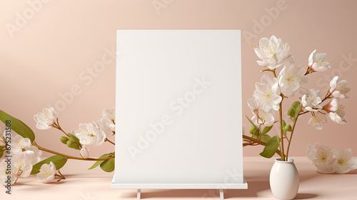 Blank white stand or easel on a beige table with white sakura flowers in a vase. Free space for product placement or advertising text. photo