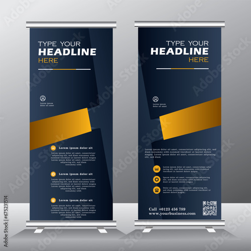 Roll-up, advertising banner template, stand for presentations, exhibitions, promotional products, conferences, seminars, photo placement, text, geometric gold color background