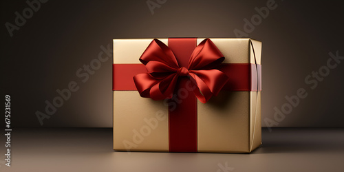 Beautiful christmas gift box with top red ribbon on dark background Gift box, gift, greeting, present, ribbon, bow concept Wedding, anniversary, surprise, wrapping,