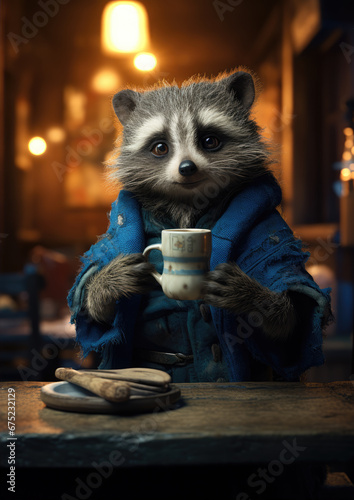 Cute raccon in blue coat drinking coffee. photo