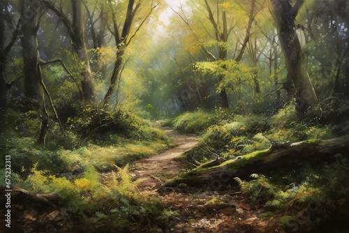 A stunning oil painting of a mesmerizing woodland. Generative AI