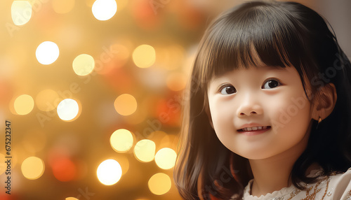 Chinese girl stands against the background of a Christmas tree, the concept of the New Year