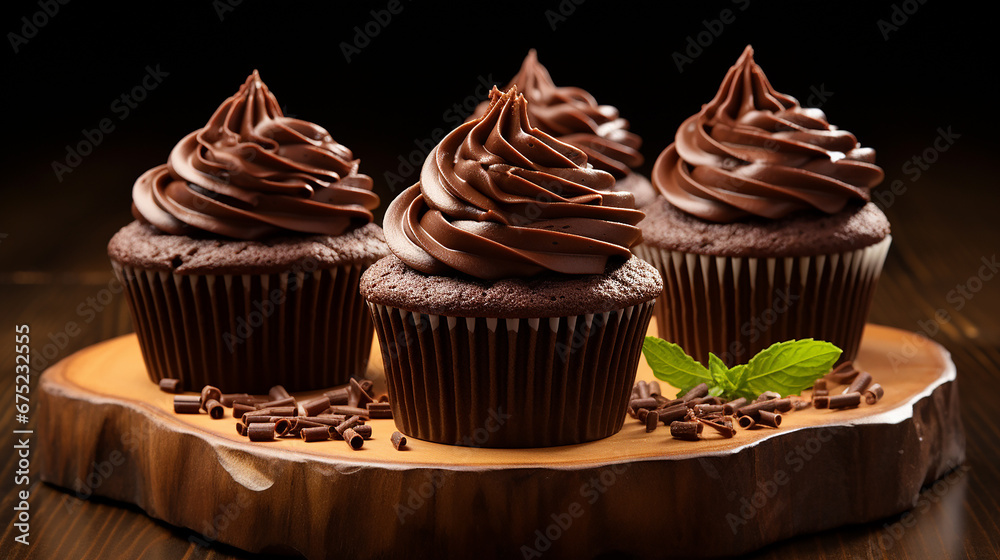 chocolate cupcake with chocolate ganache on wooden