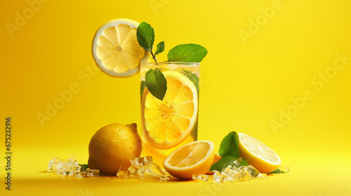 Creative summer composition with lemon slice mint leaf