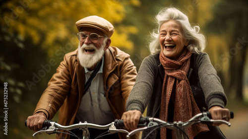 Cheerful active senior couple with bicycle in the public park together having fun lifestyle. Perfect activities for elderly people. Happy mature couple riding bikes, bicycles in the park. © EUGINE
