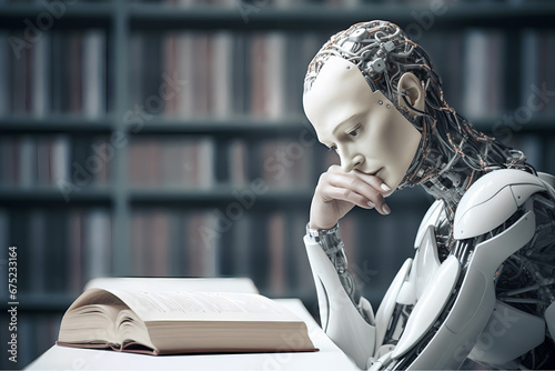 A humanoid ai robot studying and learning at a library reading a book.