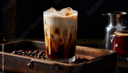 Captivating winter indulgence spiced iced chai latte with velvety milk foam perfection