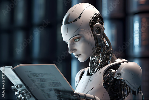 Woman like robot reading a book. AI machine learning by itself.