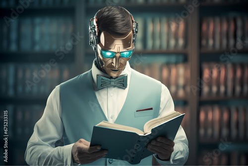 Artificial Inteligence robot reading a book at the university library. 