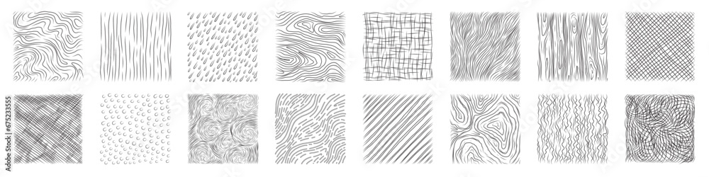 Set of hand drawn pencil crosshatch shapes. Doodle and sketch style.  Black squiggle texture of rain, wood, spiral. Rectangular with grunge lines.  - obrazy, fototapety, plakaty 