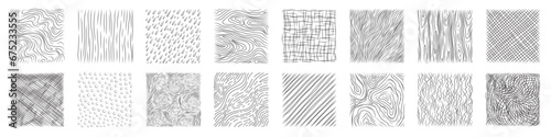 Set of hand drawn pencil crosshatch shapes. Doodle and sketch style.  Black squiggle texture of rain, wood, spiral. Rectangular with grunge lines. 