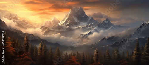 The abstract business background showcased a stunning winter landscape with the mountain towering over the tranquil forest adorned with autumn trees while the captivating sunset cast a warm
