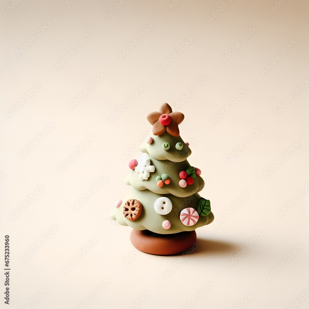 Cute miniature Christmas tree made out of clay decorated with baubles festive ornaments for the holidays with star decoration on top on a plain background Cute miniature Christmas tree made out of clay decorated with baubles festive ornaments for the holidays with star decoration on top on a plain background