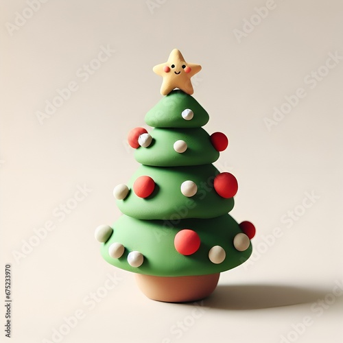 Cute miniature Christmas tree made out of clay decorated with baubles festive ornaments for the holidays with star decoration on top on a plain background