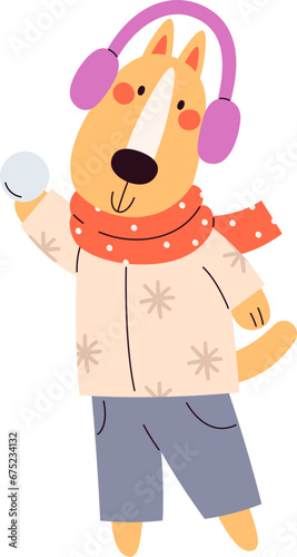 Dog With Winter Clothes And Snowballs