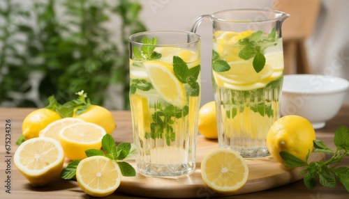 Refreshing lemon and lime infused water in traditional glasses on a white kitchen counter
