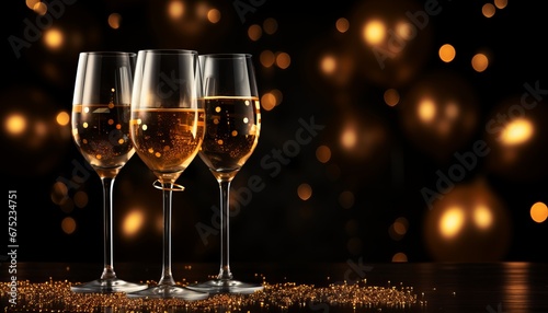 Golden christmas celebration with champagne glass and baubles on starry holiday background