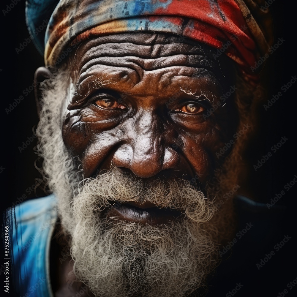 Intense portrait of an elderly man with deep, expressive eyes and a life of stories etched in his wrinkles. Dark skin.