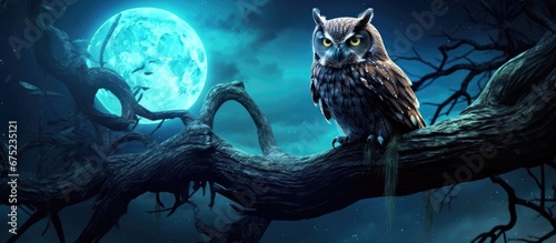 In a mesmerizing ai illustration illuminated by ethereal moonlight the silhouette of a majestic owl perches on a branch its wise eyes filled with fantastical dreams and untamed imagination 