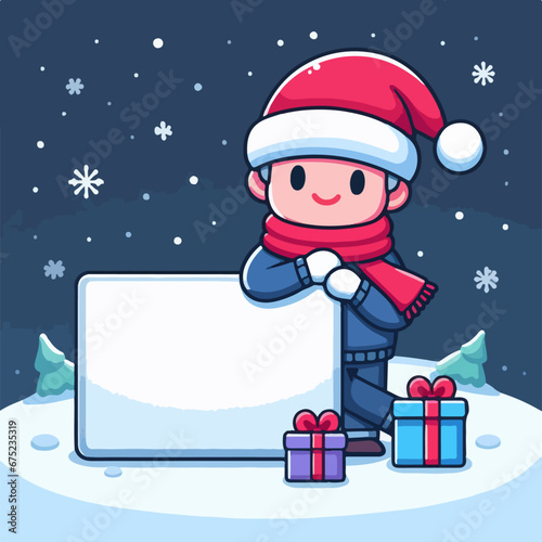 vector hand drawn flat christmas character holding blank banner, Christmas Character with Blank Banner  © Shahzil