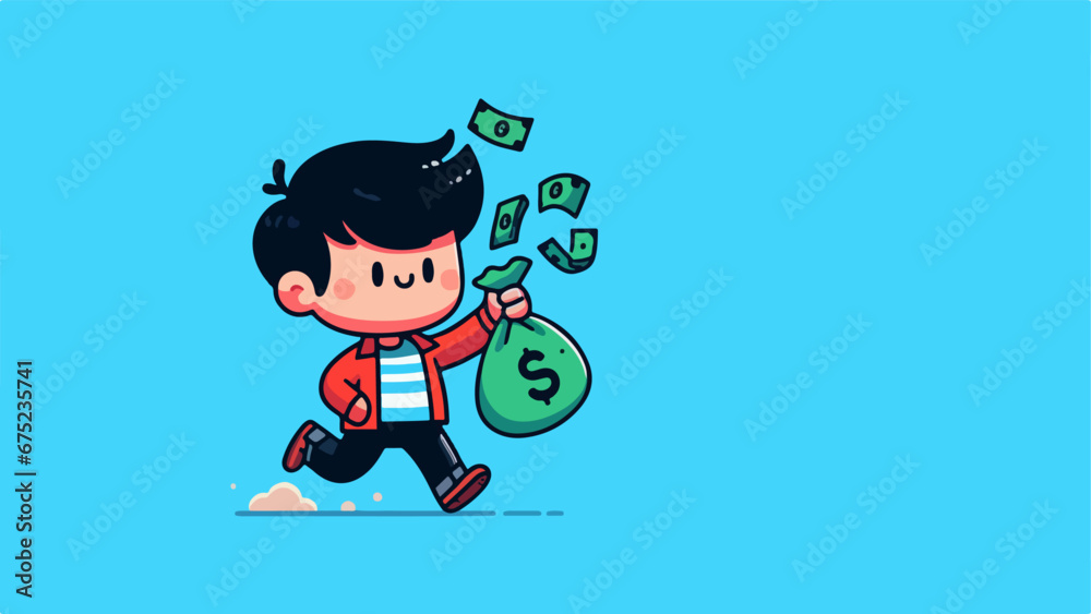 Cute logo of wealthy boy cartoon vector Icon, cute rich boy throws money while runing cartoon vector icon illustration. people business icon concept
