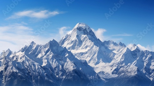 A panoramic view of towering snow-capped mountain peaks  with a clear  blue sky as a backdrop  showcasing the grandeur of the natural landscape  AI generated  Background image