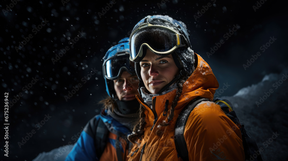 snowboarders, skiers in the mountains, winter snowy slope, sport, active recreation, lifestyle, people, skiing, snowboarding, athlete, portrait, warm clothes, vacation, travel, nature