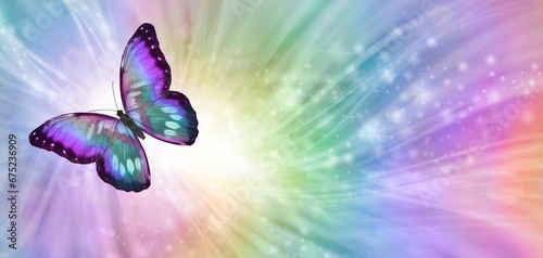 Butterfly Soul Journey Concept - multicoloured butterfly flying off top left with rainbow coloured flowing lines, sparkles and copy space ideal for an advert, invite, business card, memo template 