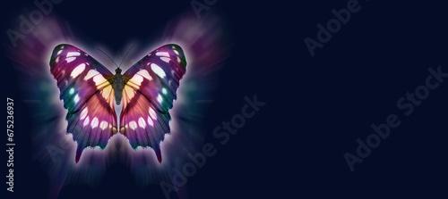 Butterfly Metaphor for departing soul Funeral Wake template background - butterfly set against a wide black background with copy space for spiritual message, order of service content, invitation, busi