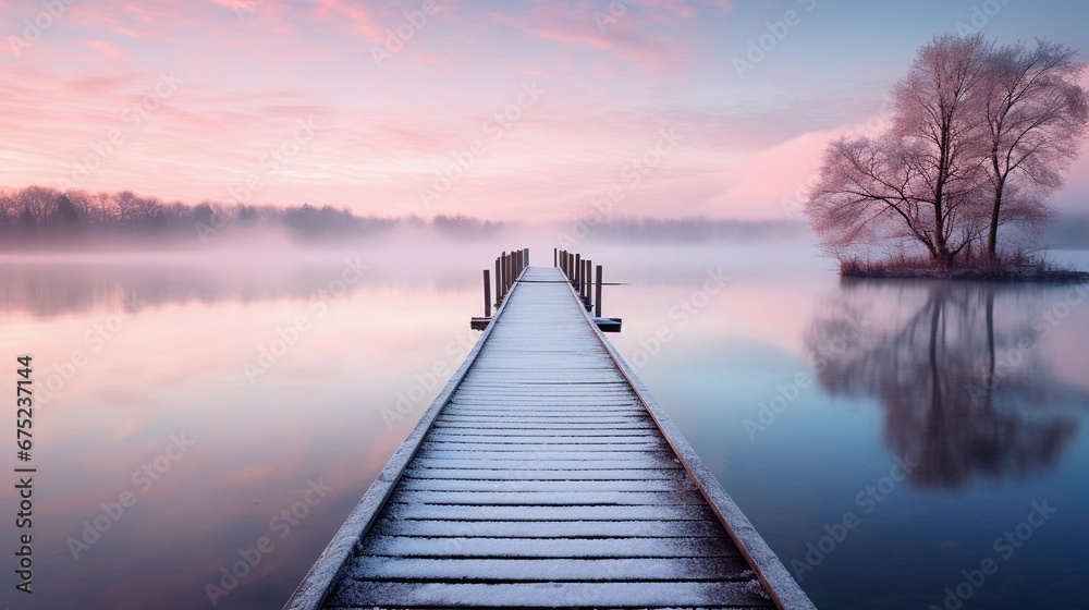 A peaceful dock extending into the calm lake at sunrise, with soft pastel colors illuminating the sky and a hint of morning mist in the air, AI generated, Background image