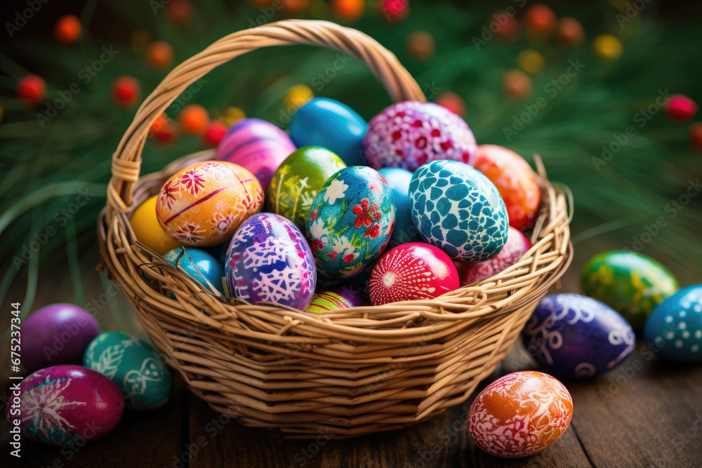 Colorful Easter eggs in basket