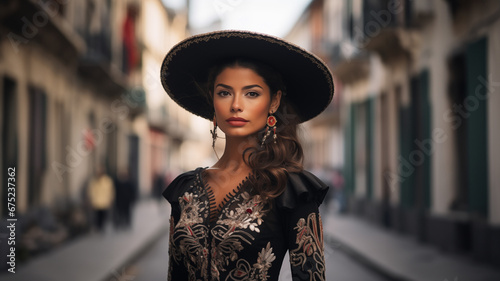 Elegant Mexican woman in black hat and dress walking down a European street