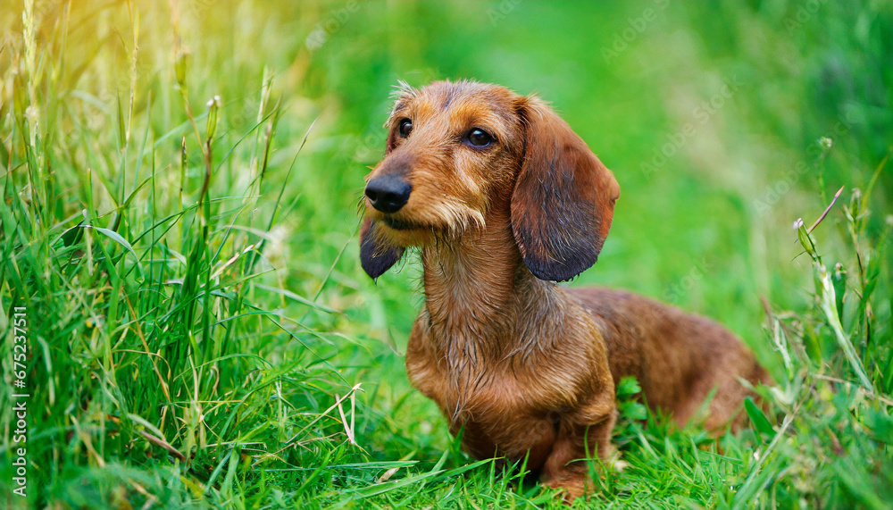 A brown wire-haired dachshund in the grass A brown wire-haired dachshund in the grass