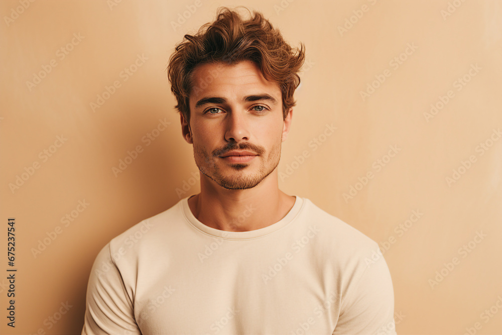 Generative AI portrait of a very handsome brown hair man isolated on beige background Generative AI portrait of a very handsome brown hair man isolated on beige background