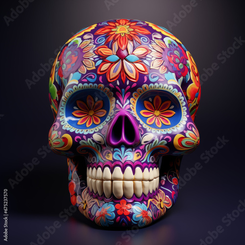 Colorfull mexican calavera skull on dark reflective background