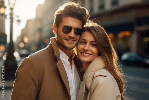 Photography generative AI concept of handsome man and charming girl in love walking together on an evening date