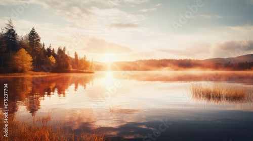 A serene morning scene with the sun rising over a glassy lake  casting a warm  golden glow on the tranquil water s surface  AI generated  Background image