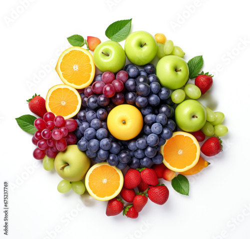 Circle shaped healthy food arrangement of fresh organic farm fresh fruit. Still life isolate on white background. Concept of proper nutrition, fight against obesity and overweight. 