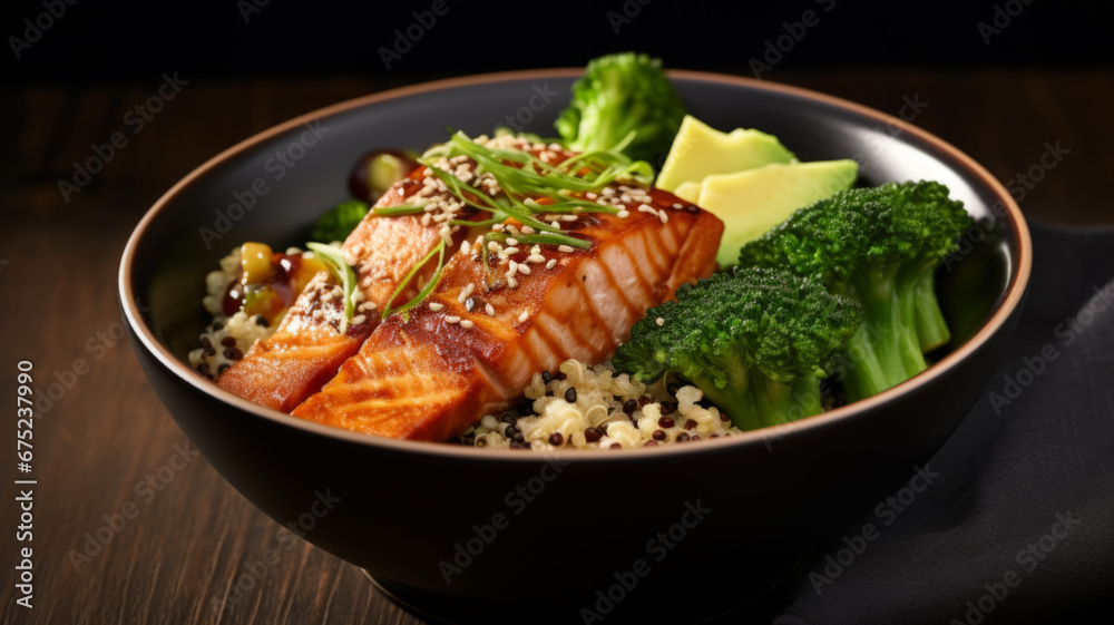 Salmon quinoa bowl with greens and vegetable. Balance in bowl. Salmon quinoa bowl with greens and vegetable. Balance in bowl.
